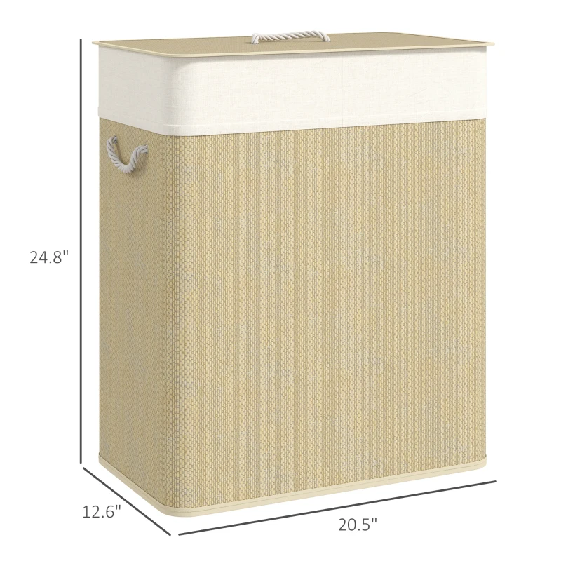 HOMCOM Double Laundry Basket with Lid, 26.4 Gallon Bamboo Laundry Hamper with Rope Handles and Removable Liner, Natural