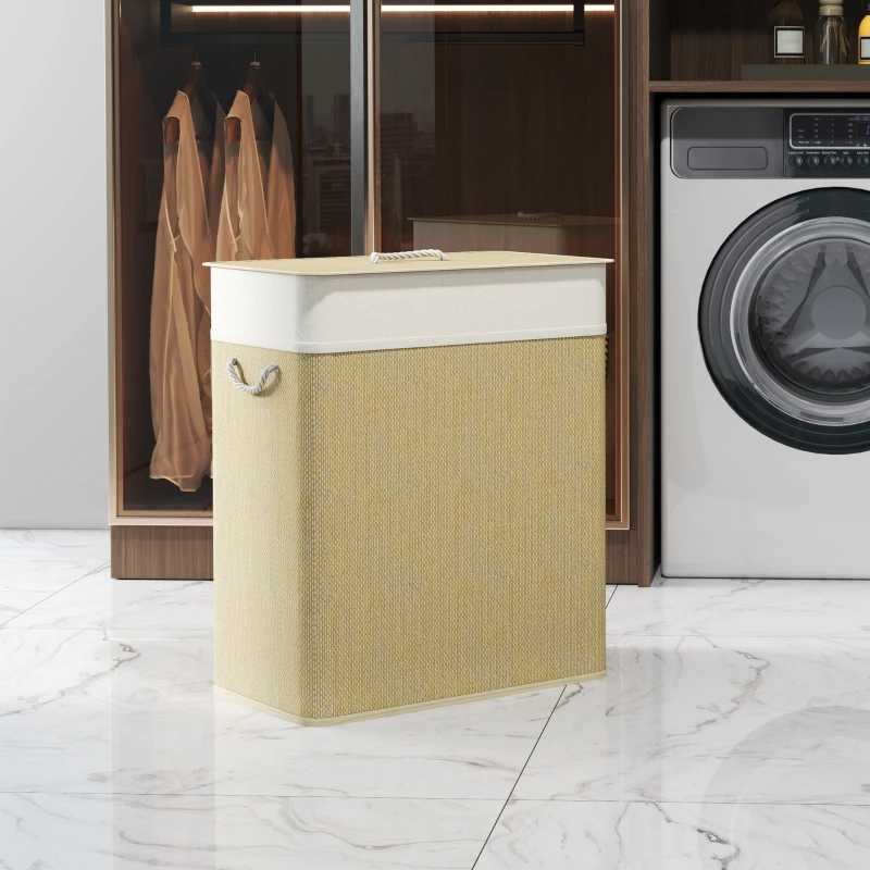 HOMCOM Double Laundry Basket with Lid, 26.4 Gallon Bamboo Laundry Hamper with Rope Handles and Removable Liner, Natural