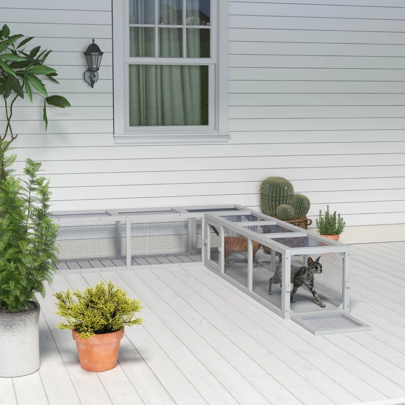 PawHut Outdoor Cat Tunnel with Extendable Design, 59" L Wooden Cat Run with Weather Protection, Connecting Inside and Outside, for Deck Patios, Balconies, Light Gray