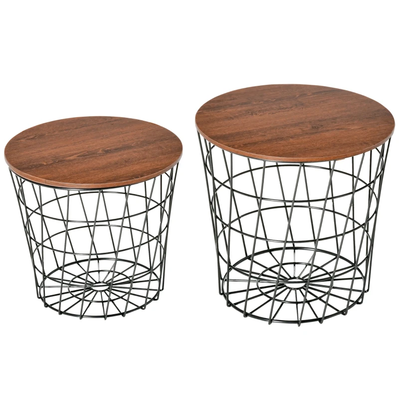 HOMCOM End Tables Set of 2, Nesting Tables with Storage, Round Accent Side Tables with Removable Top for Living Room,  Black/ Brown