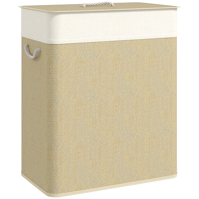 HOMCOM Double Laundry Basket with Lid, 26.4 Gallon Bamboo Laundry Hamper with Rope Handles and Removable Liner, Natural