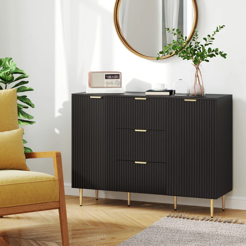 HOMCOM Modern Kitchen Storage Cabinet, Sideboard Buffet Cabinet w/ 3 Drawers and Adjustable Shelves for Kitchen Hallway, Black