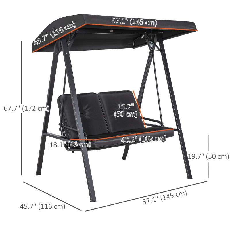 Outsunny 2-Seater Outdoor Porch Swing with Adjustable Canopy, Patio Swing Chair for Garden, Poolside, Backyard, Black