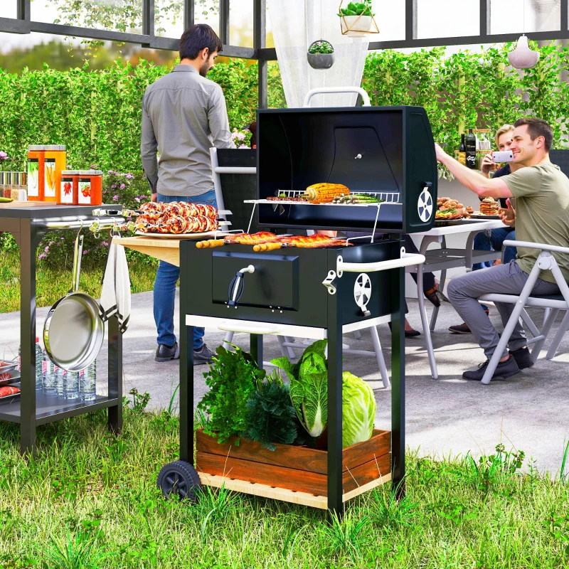 Outsunny Charcoal BBQ Grill, Outdoor Portable Cooker for Camping or Backyard Picnic, Barbecue Grill with Side Table, Bottom Storage Shelf, Wheels and Handle, Black