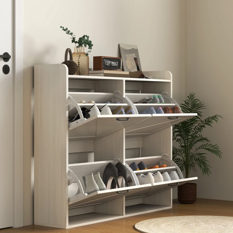 HOMCOM Narrow Shoe Storage Cabinet with 4 Flip Drawers, Adjustable Shelves, 16 Pair Farmhouse Shoe Cabinet, White Oak