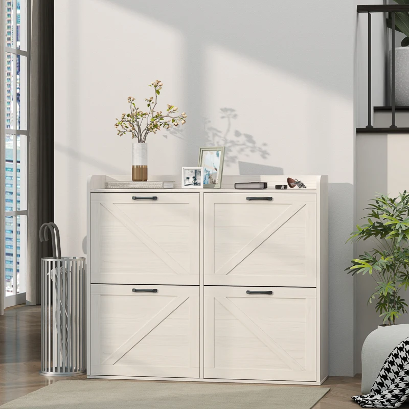 HOMCOM Narrow Shoe Storage Cabinet with 4 Flip Drawers, Adjustable Shelves, 16 Pair Farmhouse Shoe Cabinet, White Oak