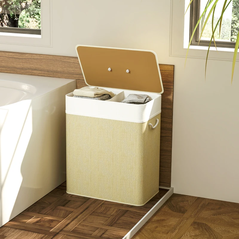 HOMCOM Double Laundry Basket with Lid, 26.4 Gallon Bamboo Laundry Hamper with Rope Handles and Removable Liner, Natural
