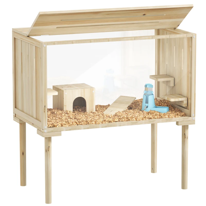 PawHut Wooden Hamster Cage with Legs, Gerbil Cage for Syrian, Dwarf, Mouse, 28" x 16" x 29.5", Nature Wood