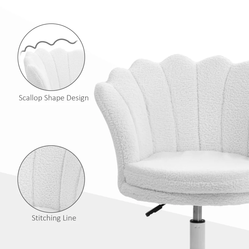 HOMCOM Adjustable Height Study Chair, Mid Back Berber Fleece Office Chair with Swivel Wheels for Living Room, Study, White