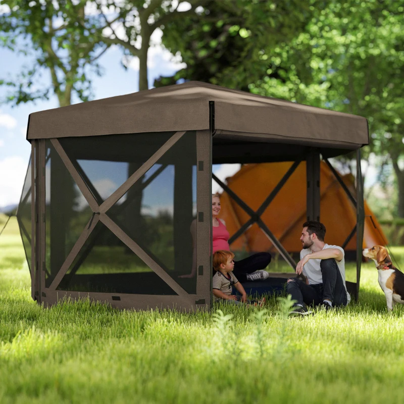 Outsunny 12' x 12' Hexagonal Pop Up Gazebo Canopy Tent with 5 Sidewalls, Outdoor Canopy Shelter with Carry Bag, Brown