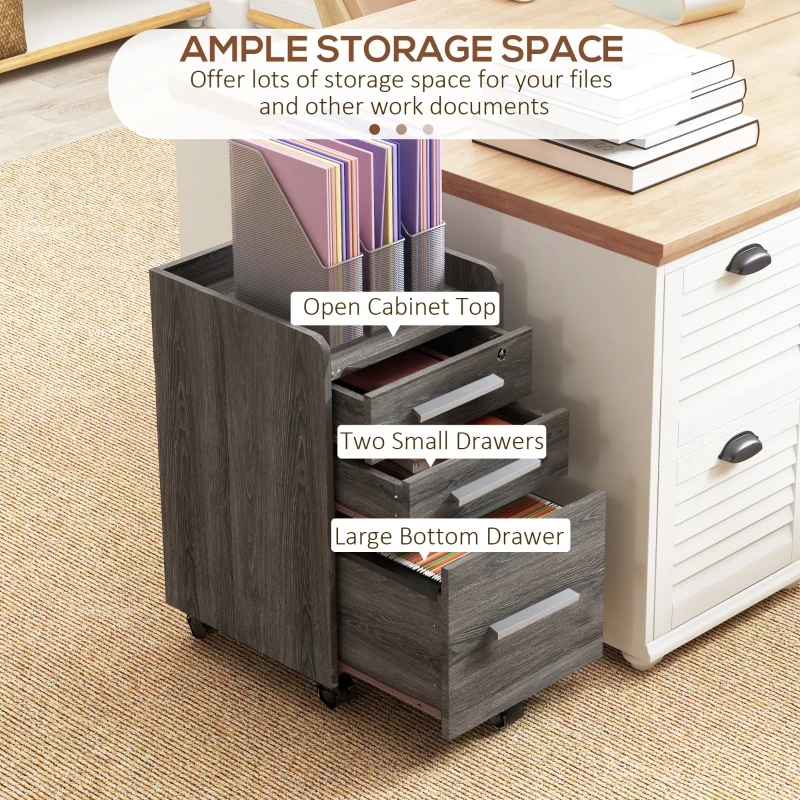 HOMCOM 3 Drawer Vertical File Cabinet, Mobile Filing Cabinet with Lock and Wheels for A4, Letter Size, Grey