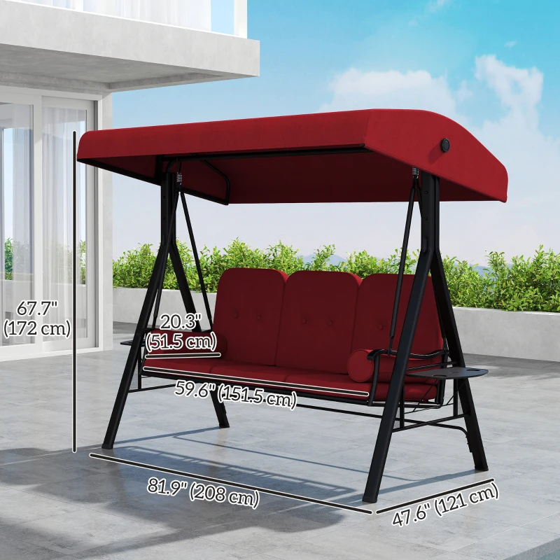 Outsunny Outdoor Patio 3-Person Steel Canopy Cushioned Seat Bench Swing with Included Side Trays & Padded Comfort, Wine Red