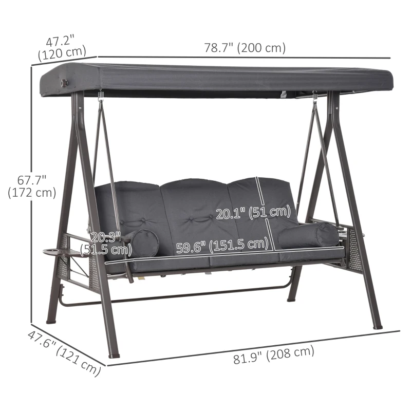 Outsunny Outdoor Patio 3-Person Steel Canopy Cushioned Seat Bench Swing with Included Side Trays & Padded Comfort, Dark Grey