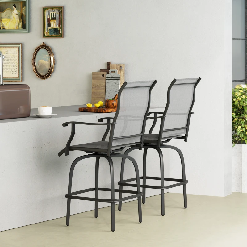 Outsunny Outdoor Bar Stools Set of 2, Swivel Bar Height Chairs with High Back, Curved Armrests and Steel Frame, Light Grey