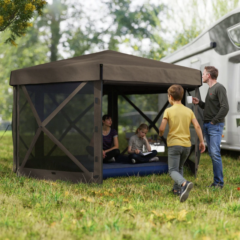 Outsunny 12' x 12' Hexagonal Pop Up Gazebo Canopy Tent with 5 Sidewalls, Outdoor Canopy Shelter with Carry Bag, Brown