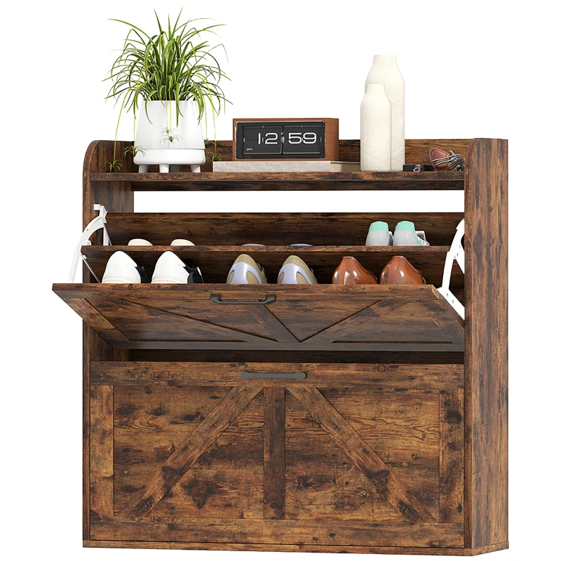 HOMCOM Narrow Shoe Storage Cabinet, Farmhouse Slim Shoe Cabinet with 2 Flip Drawers, Adjustable Shelves, Rustic Brown