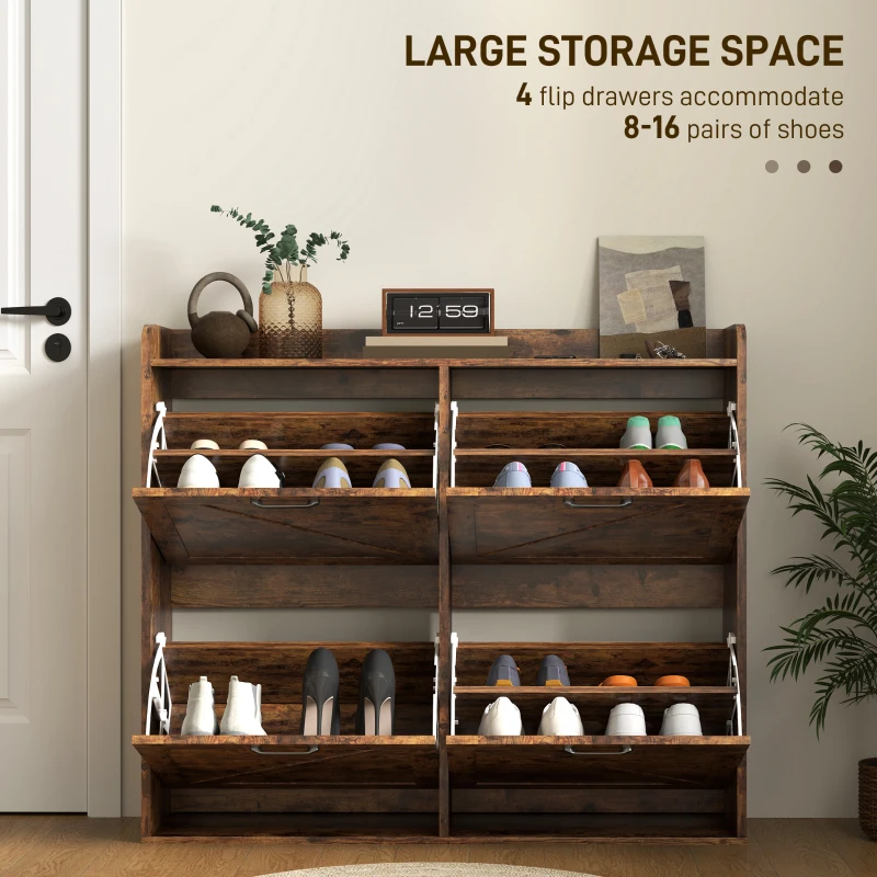 HOMCOM Narrow Shoe Storage Cabinet with 4 Flip Drawers, Adjustable Shelves, 16 Pair Farmhouse Shoe Cabinet, Rustic Brown