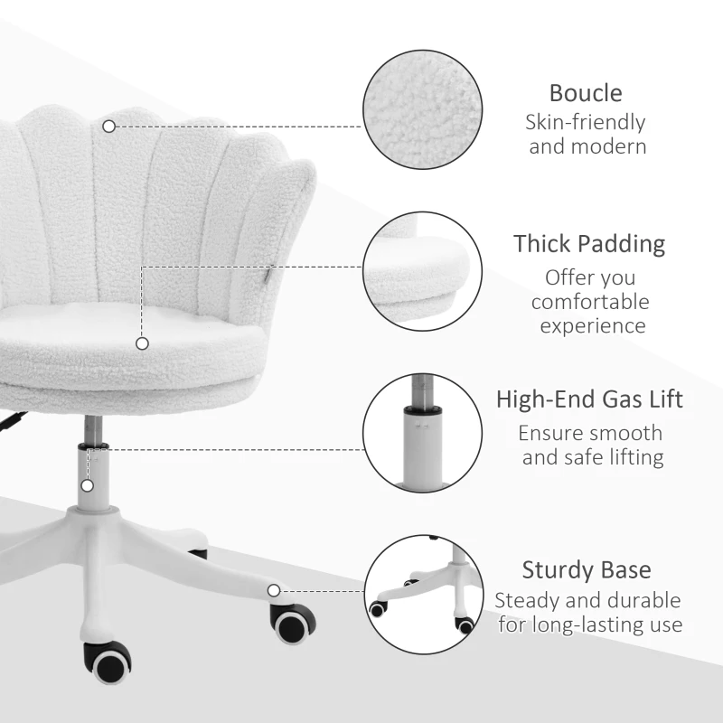 HOMCOM Adjustable Height Study Chair, Mid Back Berber Fleece Office Chair with Swivel Wheels for Living Room, Study, White