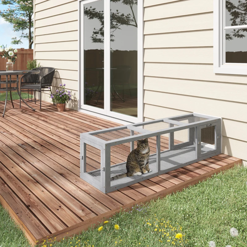 PawHut Outdoor Cat Tunnel with Extendable Design, 59" L Wooden Cat Run with Weather Protection, Connecting Inside and Outside, for Deck Patios, Balconies, Light Gray