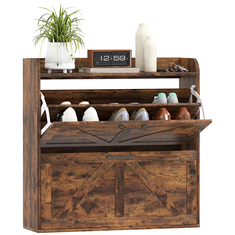 HOMCOM Narrow Shoe Storage Cabinet, Farmhouse Slim Shoe Cabinet with 2 Flip Drawers, Adjustable Shelves, Rustic Brown