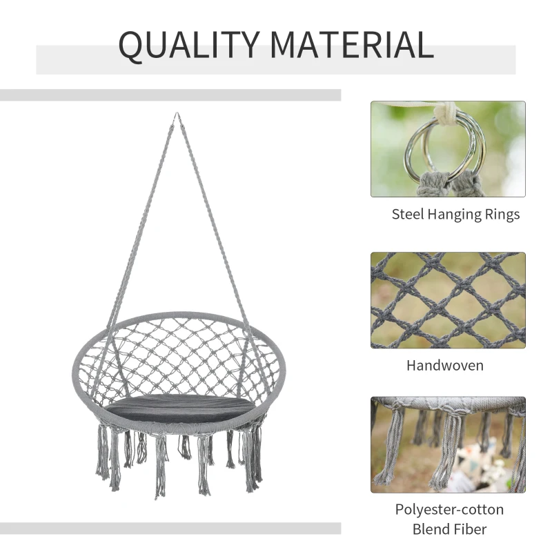 Outsunny Patio Hammock Chair, Hanging Rope Hammock Swing for Indoor & Outdoor Use with Backrest, Cotton-Polyester Blend, Fringe Tassels, Light Grey