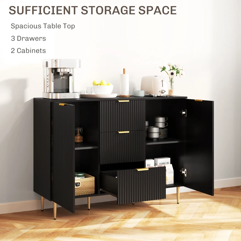 HOMCOM Modern Kitchen Storage Cabinet, Sideboard Buffet Cabinet w/ 3 Drawers and Adjustable Shelves for Kitchen Hallway, Black