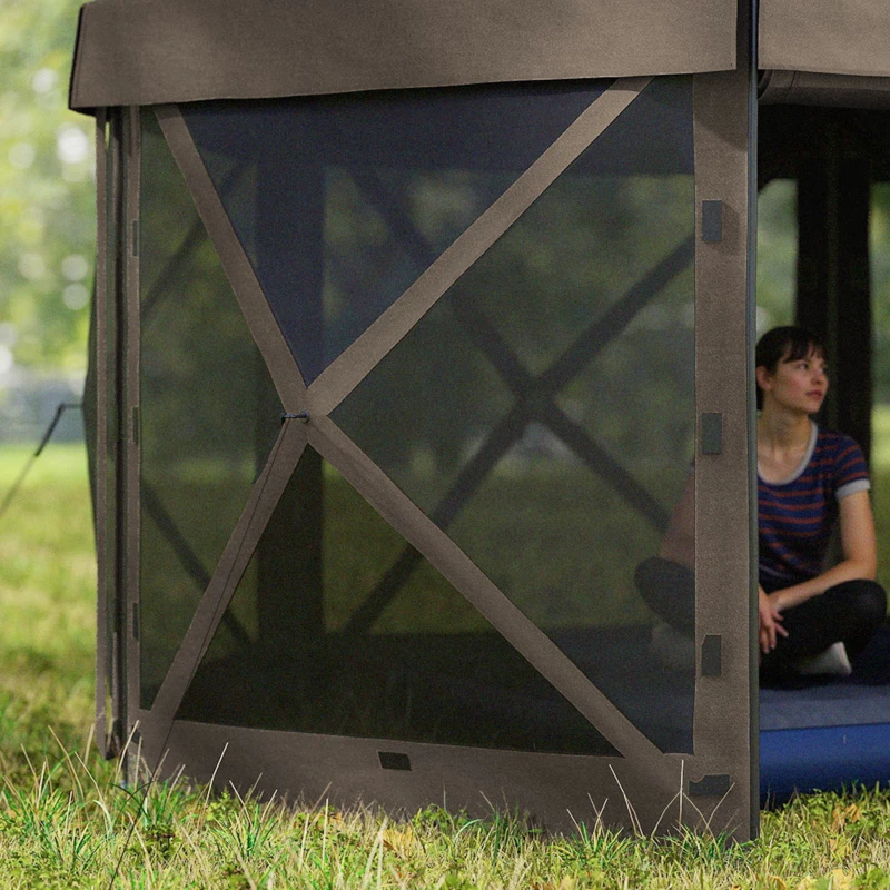 Outsunny 12' x 12' Hexagonal Pop Up Gazebo Canopy Tent with 5 Sidewalls, Outdoor Canopy Shelter with Carry Bag, Brown