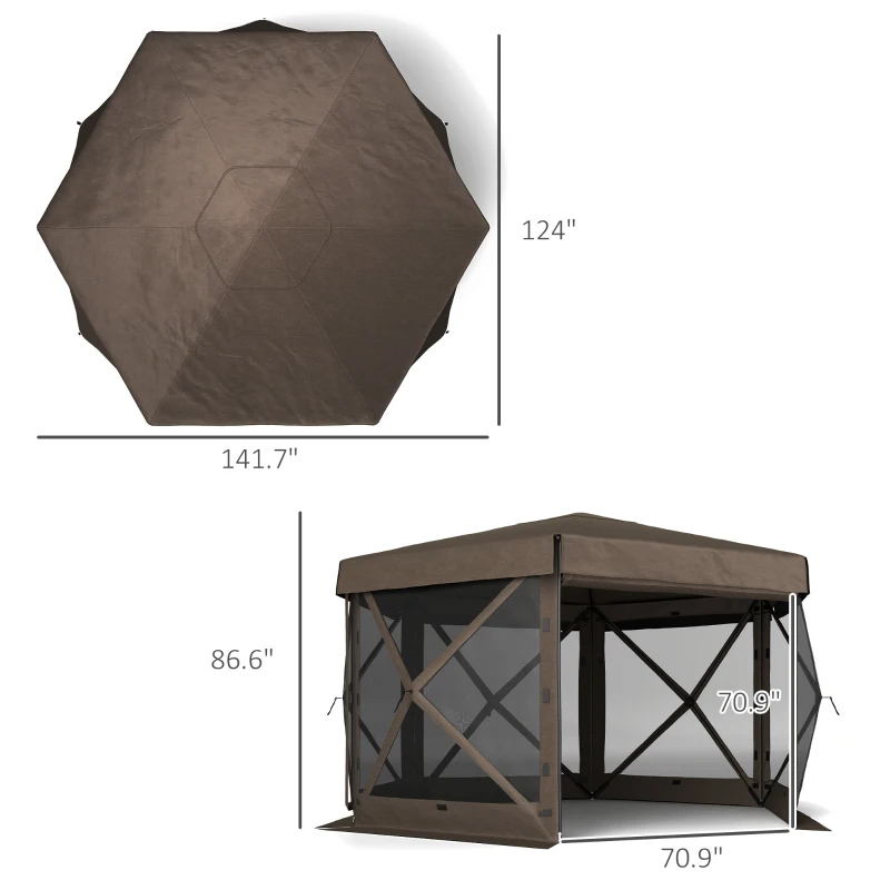 Outsunny 12' x 12' Hexagonal Pop Up Gazebo Canopy Tent with 5 Sidewalls, Outdoor Canopy Shelter with Carry Bag, Brown