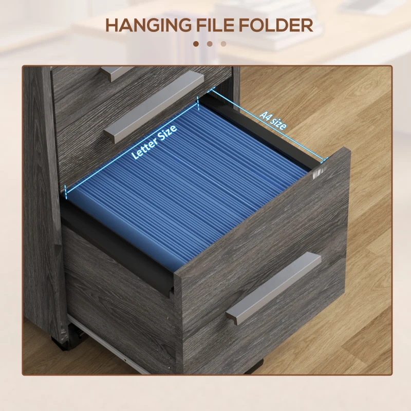 HOMCOM 3 Drawer Vertical File Cabinet, Mobile Filing Cabinet with Lock and Wheels for A4, Letter Size, Grey