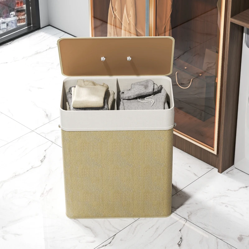 HOMCOM Double Laundry Basket with Lid, 26.4 Gallon Bamboo Laundry Hamper with Rope Handles and Removable Liner, Natural