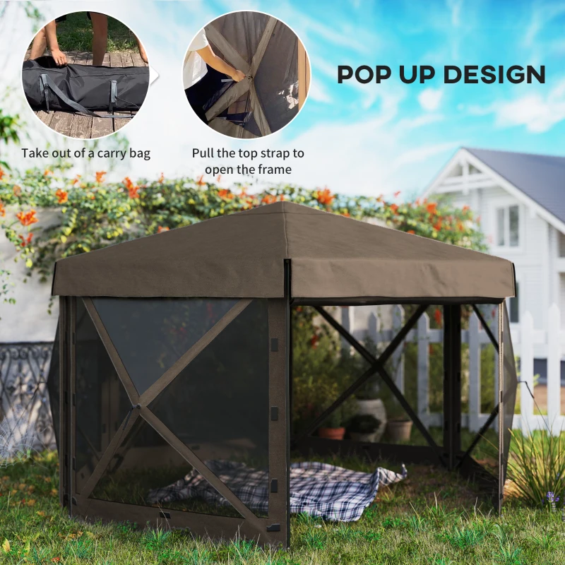 Outsunny 12' x 12' Hexagonal Pop Up Gazebo Canopy Tent with 5 Sidewalls, Outdoor Canopy Shelter with Carry Bag, Brown