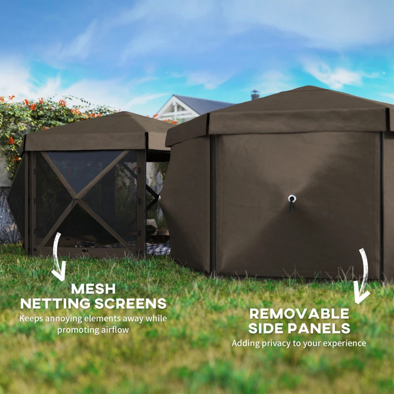 Outsunny 12' x 12' Hexagonal Pop Up Gazebo Canopy Tent with 5 Sidewalls, Outdoor Canopy Shelter with Carry Bag, Brown