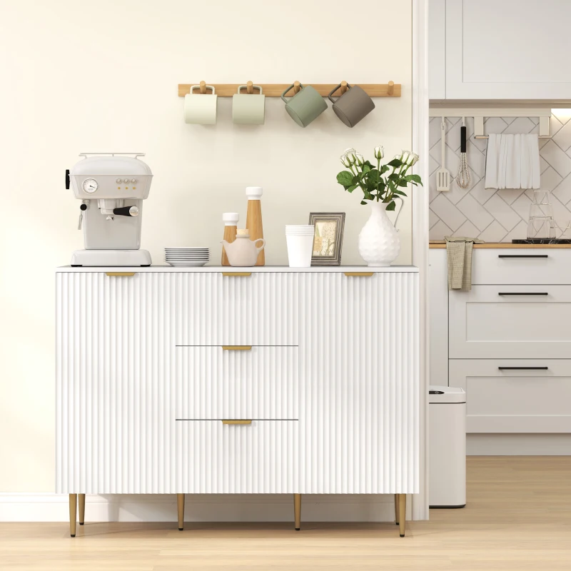 HOMCOM Modern Kitchen Storage Cabinet, Sideboard Buffet Cabinet w/ 3 Drawers and Adjustable Shelves for Kitchen Hallway, White