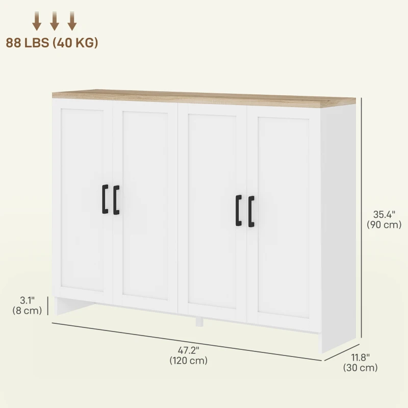 HOMCOM Modern Sideboard Buffet Cabinet, Modern Kitchen Storage Cabinet with 4 Doors Adjustable Shelves, for Dining Room, White
