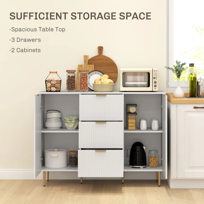 HOMCOM Modern Kitchen Storage Cabinet, Sideboard Buffet Cabinet w/ 3 Drawers and Adjustable Shelves for Kitchen Hallway, White