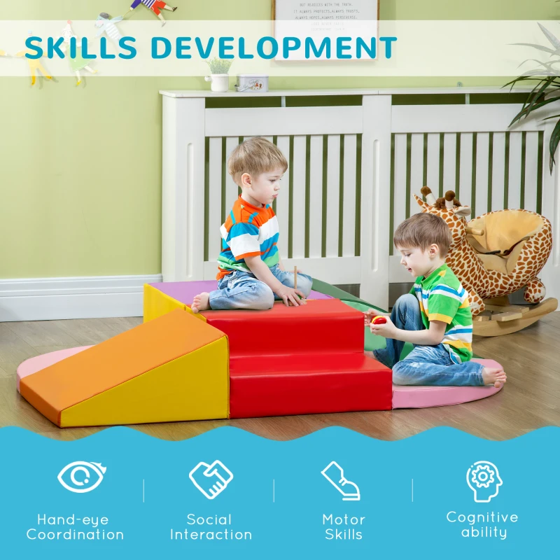 Qaba 6-Piece Soft Play for 12-36 Months Toddlers to Climb, Crawl, Slide, Red, Pink