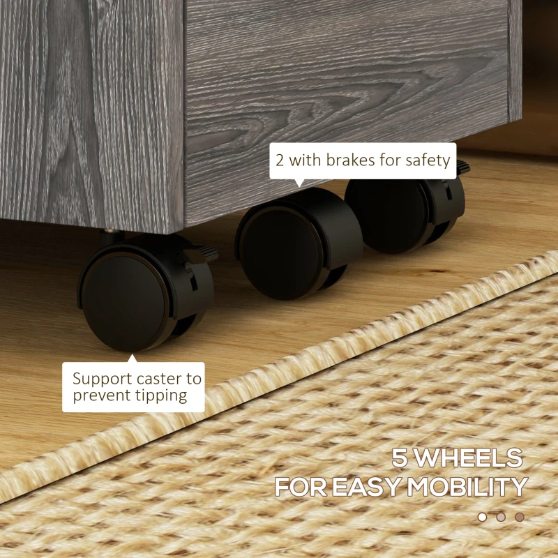 HOMCOM 3 Drawer Vertical File Cabinet, Mobile Filing Cabinet with Lock and Wheels for A4, Letter Size, Grey