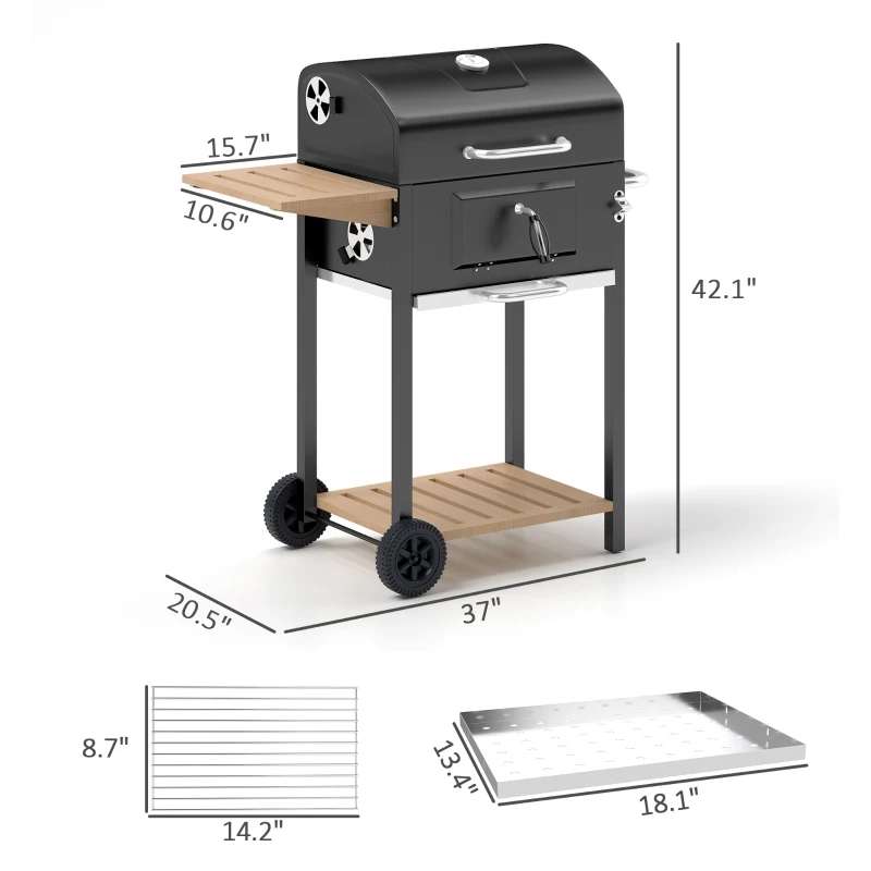 Outsunny Charcoal BBQ Grill, Outdoor Portable Cooker for Camping or Backyard Picnic, Barbecue Grill with Side Table, Bottom Storage Shelf, Wheels and Handle, Black