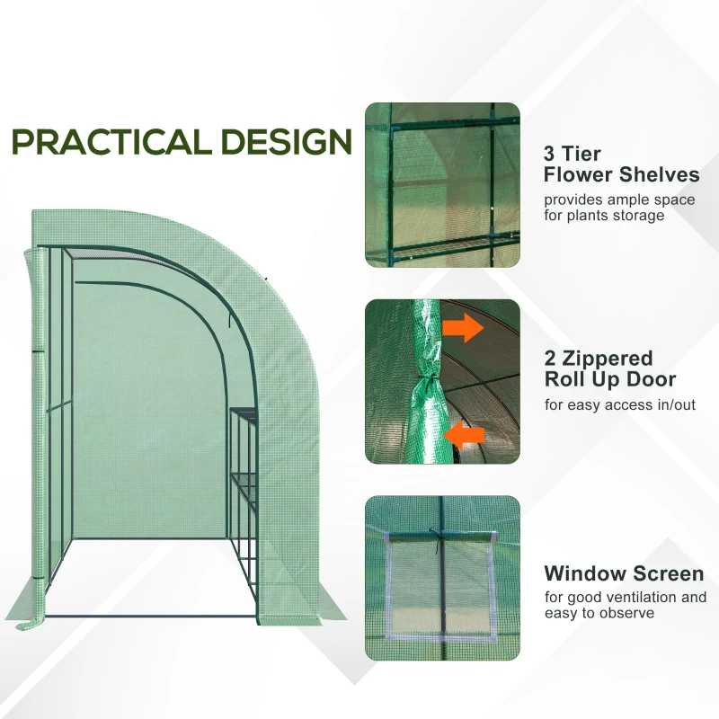 Outsunny 10' x 5' x 7' Lean to Greenhouse, Walk-In Green House, Plant Nursery with 2 Roll-up Doors and Windows, PE Cover and 3 Wire Shelves, Green(m-7)