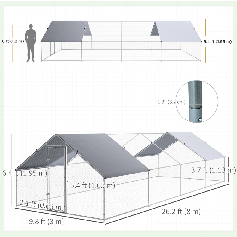 PawHut Chicken Run Walk-In Metal Chicken Coop, 3 Rooms Galvanized Poultry Cage Outdoor with Waterproof UV-Protection Cover for Rabbits, Ducks, 9.8' x 26.2'