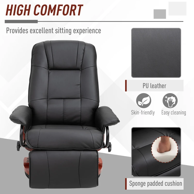 HOMCOM Manual Recliner Chair Armchair Sofa with Faux Leather Upholstered, Wood Base for Living Room Bedroom, Black
