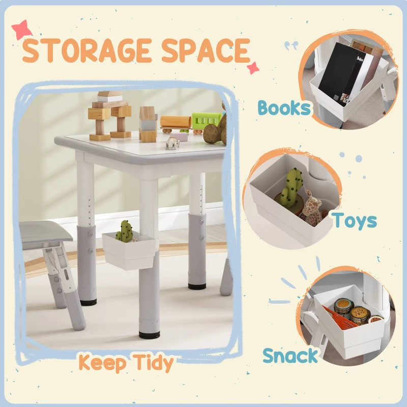 Qaba 3 Pieces Toddler Table and Chair Set, Height Adjustable Kids Table and Chair Set w/ Storage, for Playroom Grey