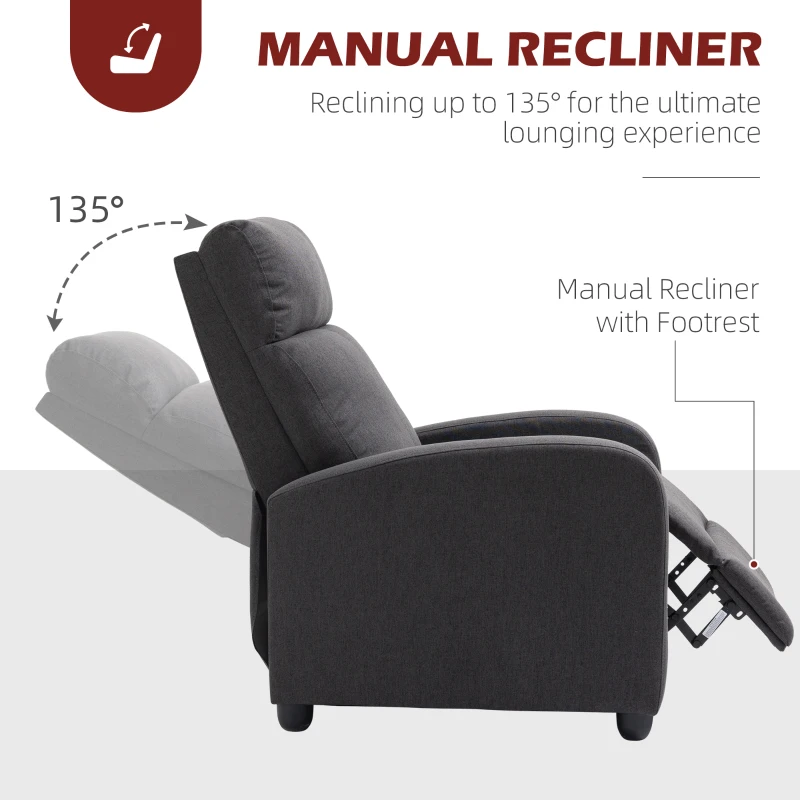 HOMCOM Fabric Recliner Armchair Manual Home Theater Seating Single Reclining Sofa Chair with Padded Seat for Living Room, Dark Grey