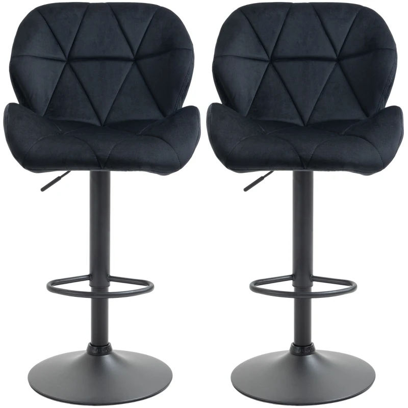 HOMCOM Bar Stool Set of 2 Fabric Adjustable Height Armless Upholstered Counter Chairs with Swivel Seat, Black