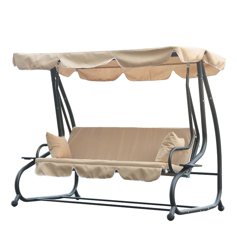Outsunny 3-Seat Outdoor Patio Swing Chair, Converting Flat Bed, Canopy Swing with Adjustable Shade, Removable Cushions, Cup Holder, Light Brown