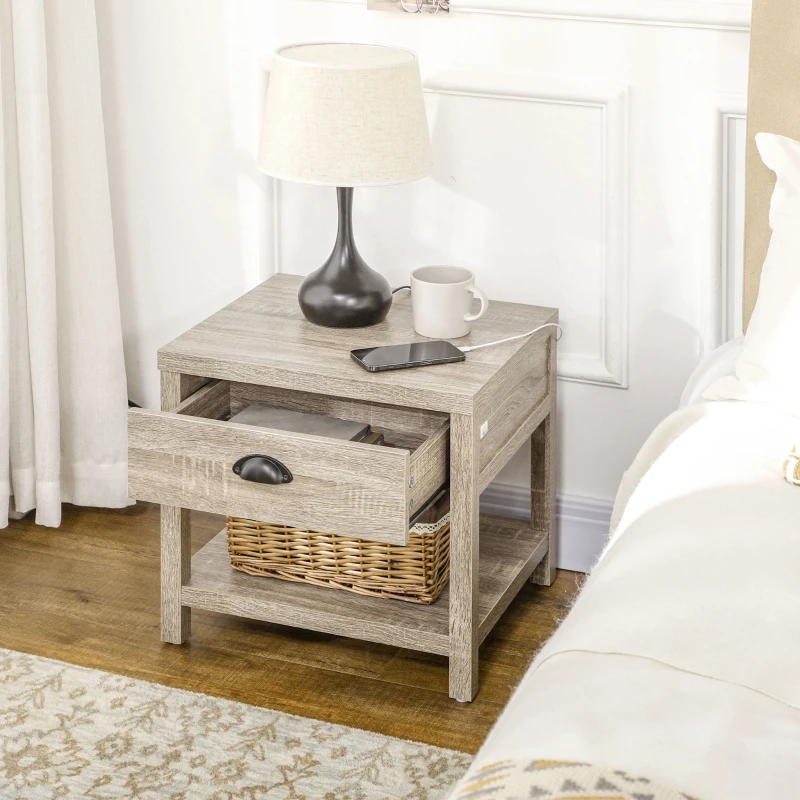 HOMCOM Bedside Table, Side End Table with Charging Station, Drawer and Shelf for Bedroom, 17.7" x 15.7" x 18.1", Oak Tone