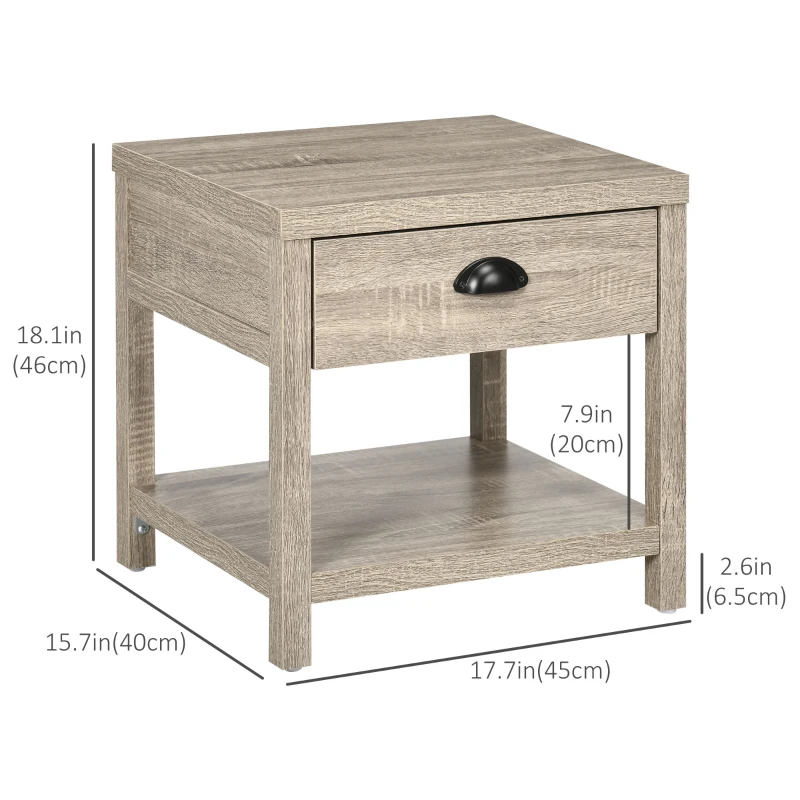 HOMCOM Bedside Table, Side End Table with Charging Station, Drawer and Shelf for Bedroom, 17.7" x 15.7" x 18.1", Oak Tone