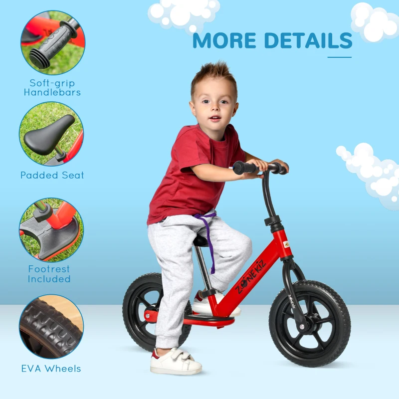 Qaba 12" Kids Balance Bike No Pedal Bicycle Adjustable Seat and Handlebar Training Toddler Bike 3 - 5 Years Red