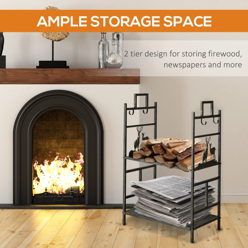 Outsunny 2-Layer Heavy Duty Firewood Rack Wood Log Fireplace Stacker  w/ 4 Tools, Black and Gold