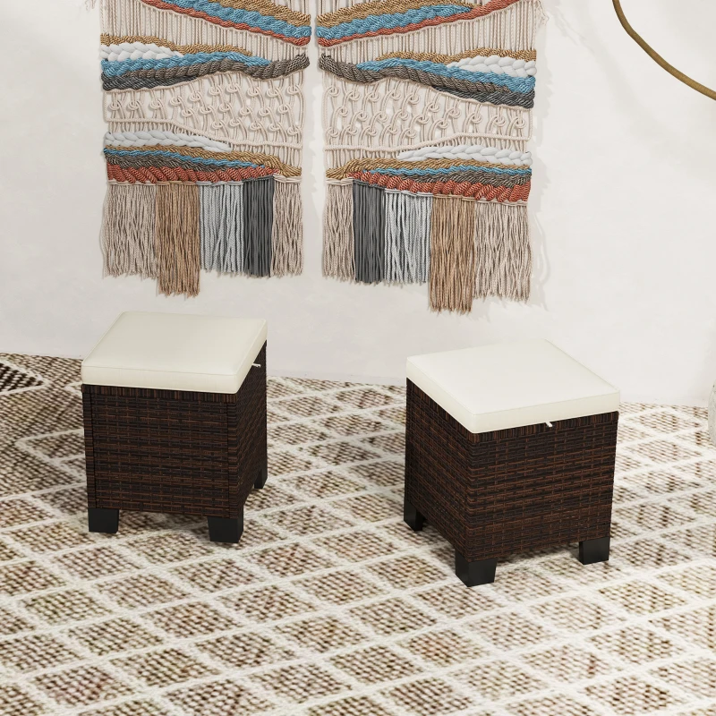 Outsunny 2 Piece Wicker Outdoor Ottomans with Cushions, Rattan Ottoman Footrest and Side Table for Patio, Yard, Poolside, Beige